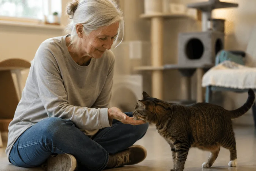 Older woman sitting cross-legged on the floor of an animal shelter while a tabby cat sniffs her hand