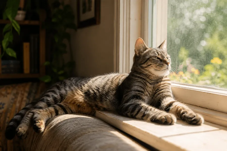 A calm adult tabby cat stretched out on a sunny windowsill, looking out at the garden