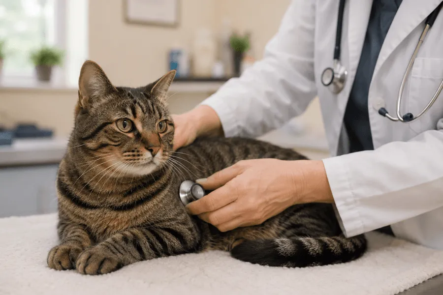 A calm adult tabby cat on an examination table while a veterinarian listens to its chest with a stethoscope