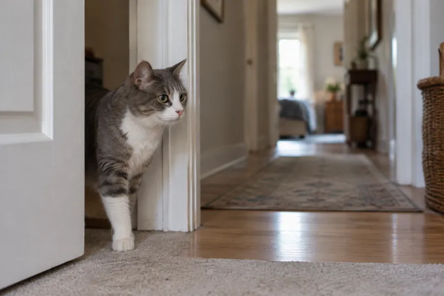 A grey and white cat pausing curiously at an open doorway, looking down the hallway