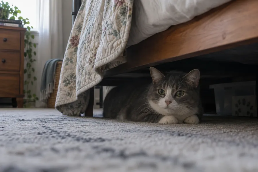 A grey and white cat resting calmly under a bed, watching the room from a safe hiding spot