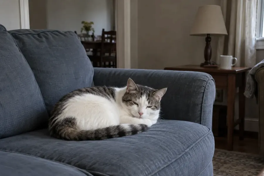 A white and gray tabby cat curled up on a blue sofa in a quiet living room after visitors have left, with a sweater draped over a nearby chair