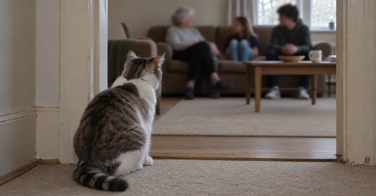 A white and gray tabby cat watching from a hallway doorway while family visits in the living room beyond