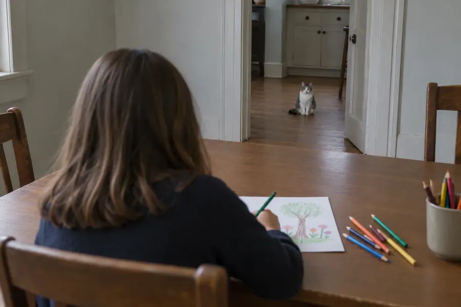 A girl drawing at a wooden table, seen from behind, while a white and gray tabby cat watches her from a doorway in the next room