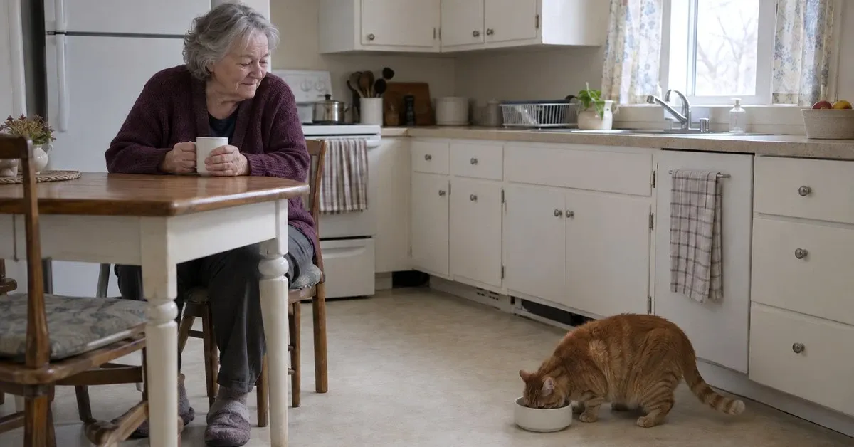 Older woman drinking her morning coffee at the kitchen table while her ginger cat eats from a bowl on the floor