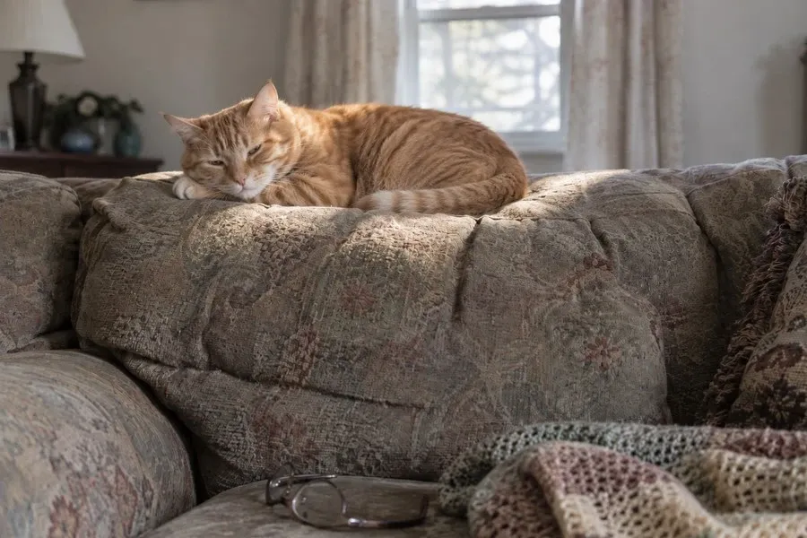 A ginger cat curled up asleep in a patch of sunlight on the back of a sofa