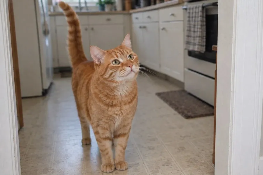 A ginger cat standing in a kitchen doorway with its tail up, looking up expectantly