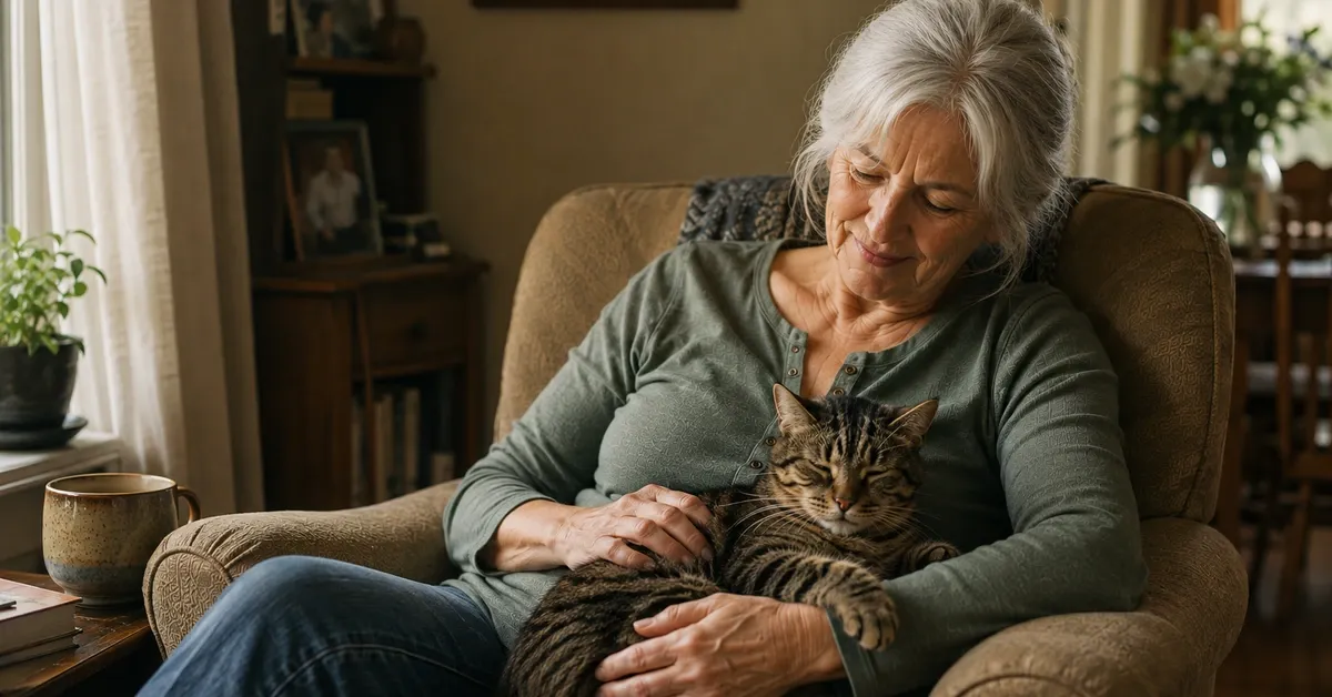 Older woman resting in an armchair at home with a sleeping tabby cat in her lap