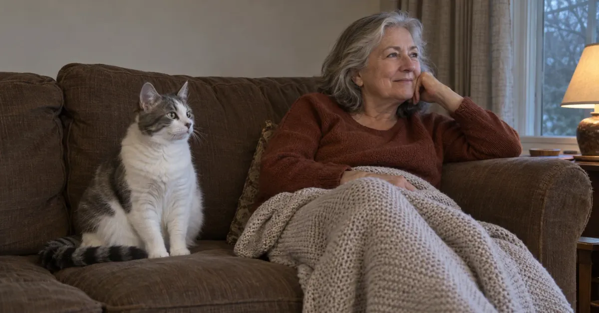 Older woman sitting on her sofa in the evening with her white and gray cat sitting on the cushion beside her