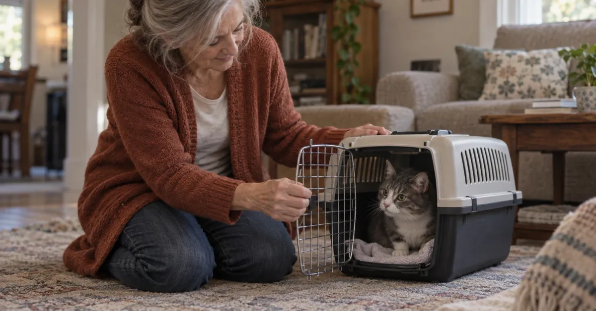 Older woman kneeling in her living room, gently opening a cat carrier as her newly adopted cat looks out