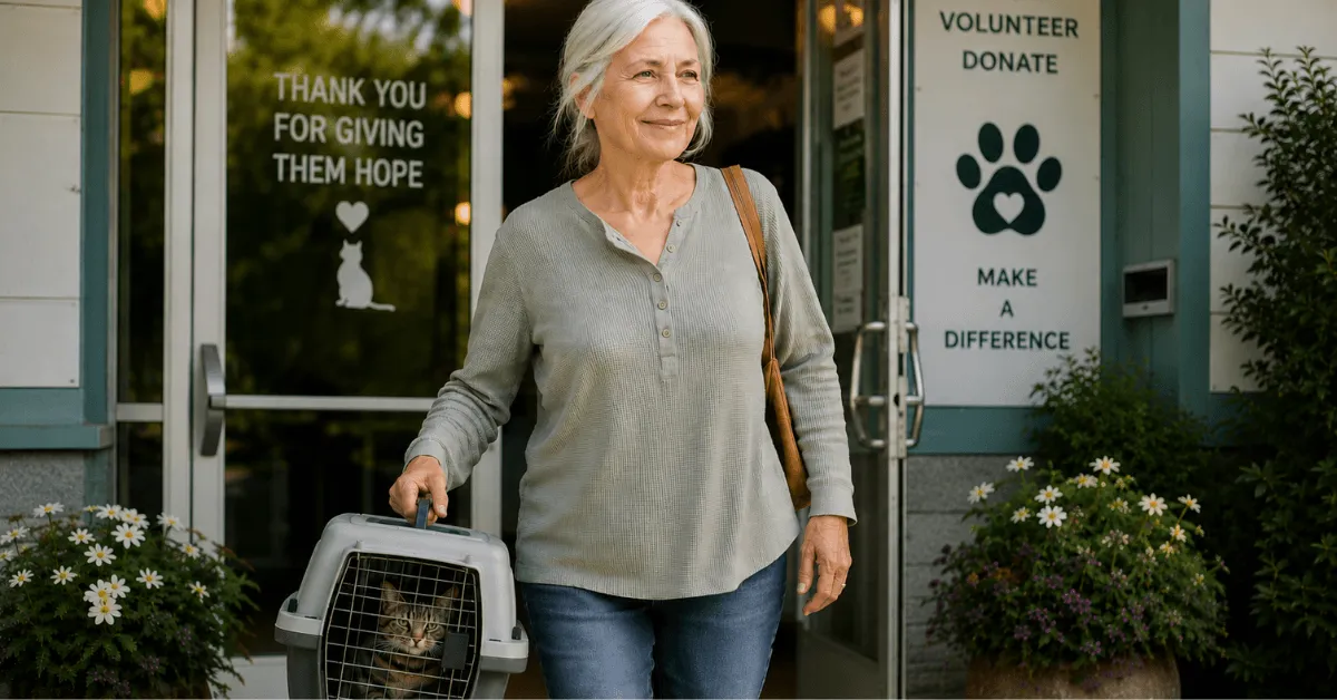 Older woman leaving an animal shelter carrying a tabby cat in a carrier