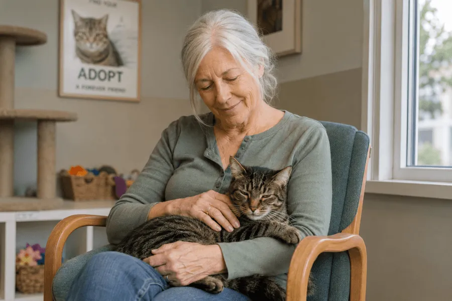 Older woman sitting in a chair at an animal shelter with a relaxed tabby cat in her lap