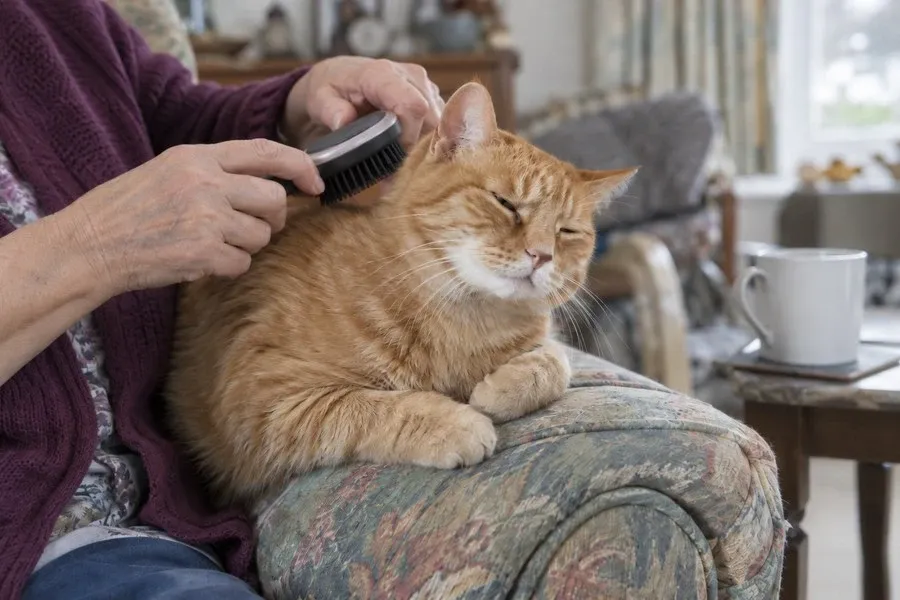 Close-up of an older woman’s hands brushing a contented ginger cat resting on the arm of an armchair