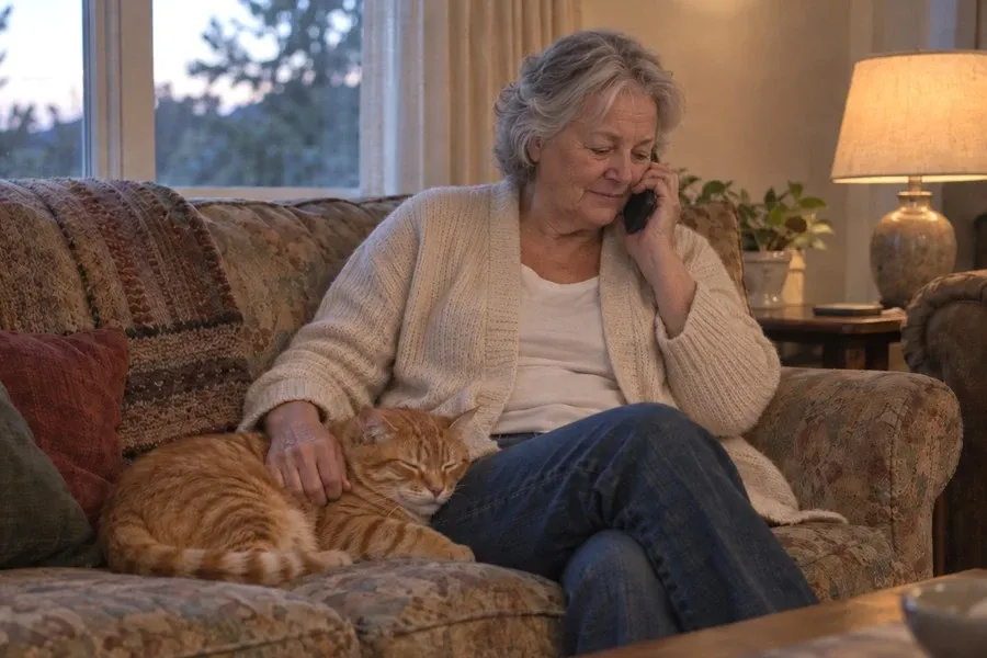 Older woman on the sofa in the evening, talking on the phone with one hand resting on her sleeping ginger cat
