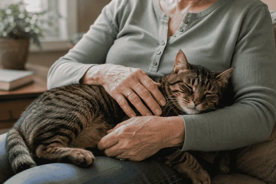 Close-up of an older woman’s hands gently stroking a tabby cat asleep in her lap