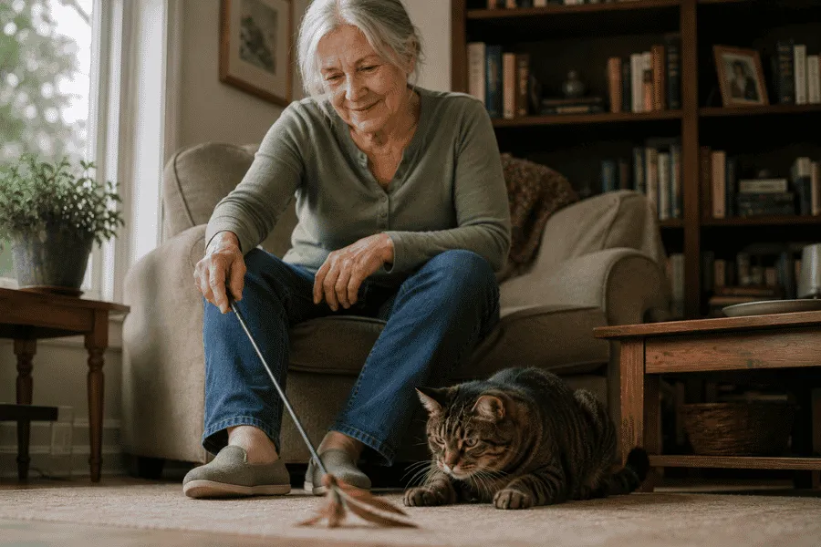 Older woman sitting in an armchair playing with a tabby cat using a feather wand toy