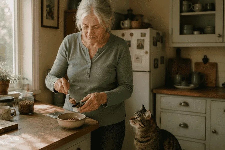 Older woman preparing cat food in her kitchen while her tabby cat watches nearby