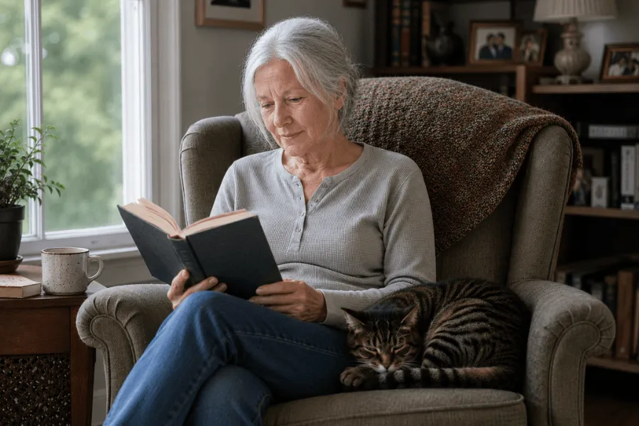 Older woman reading a book in an armchair at home while a tabby cat sleeps beside her
