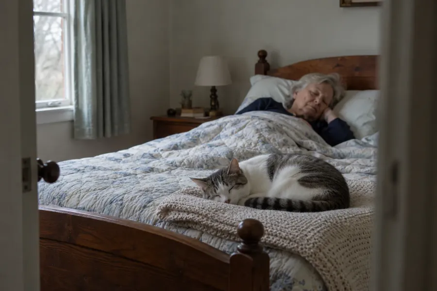 A white and gray tabby cat asleep on a blanket at the foot of the bed while an older woman naps nearby