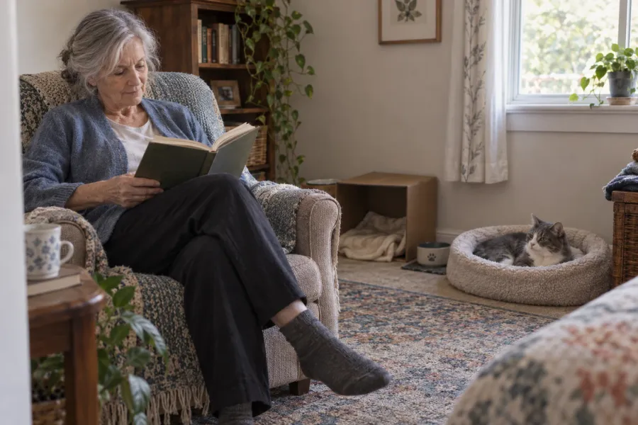 Older woman reading in an armchair while her new cat rests nearby in a spare room