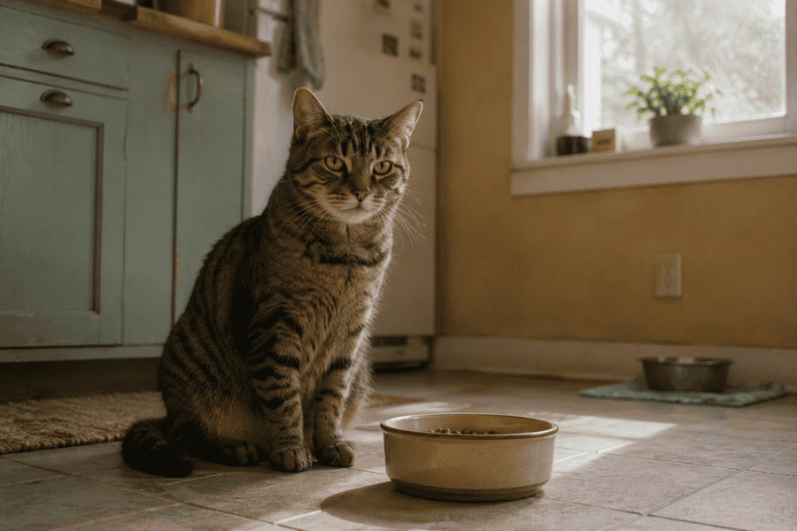 A calm adult tabby cat sitting expectantly beside a food bowl in a bright kitchen