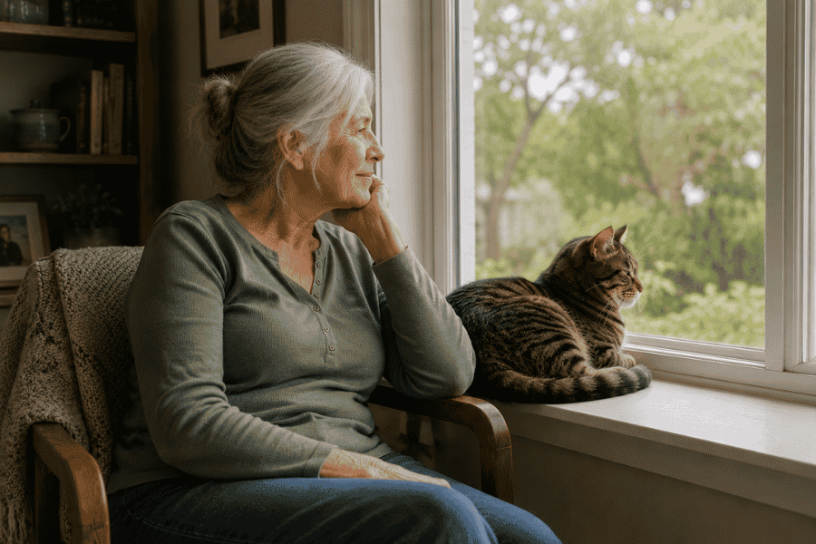 An older woman and her tabby cat sitting together near a window both looking outside