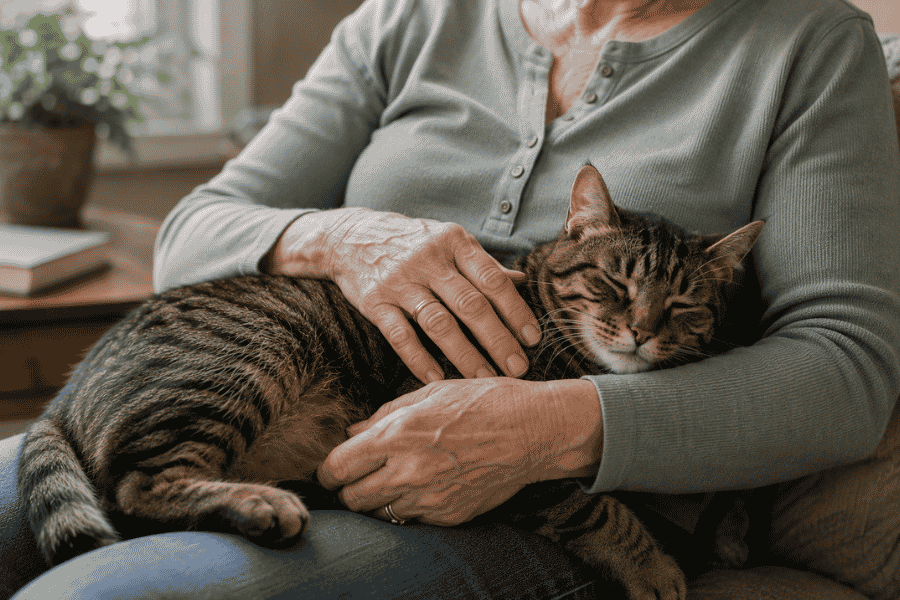 Older woman playing with a calm adult tabby cat using a wand toy at home