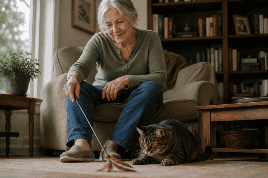 lder woman sitting in an armchair playing with a tabby cat using a feather wand toy