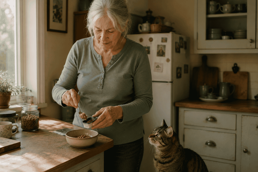 Older woman preparing cat food in her kitchen while her tabby cat watches nearby