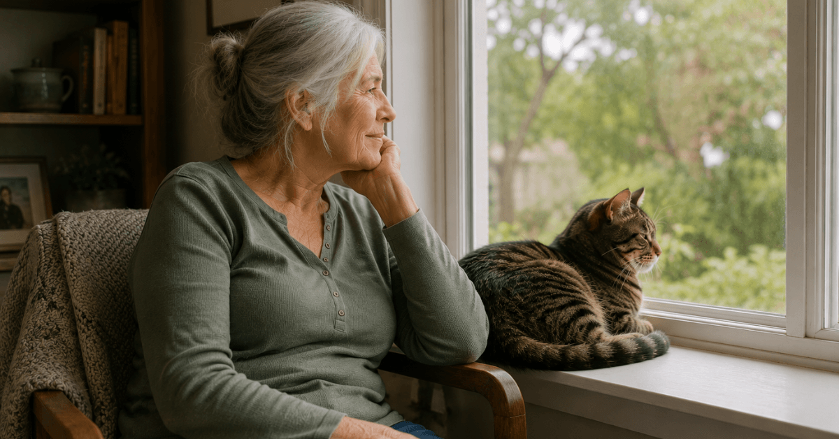 Older woman experiencing the health benefits of cat ownership in retirement, relaxing with her cat at home