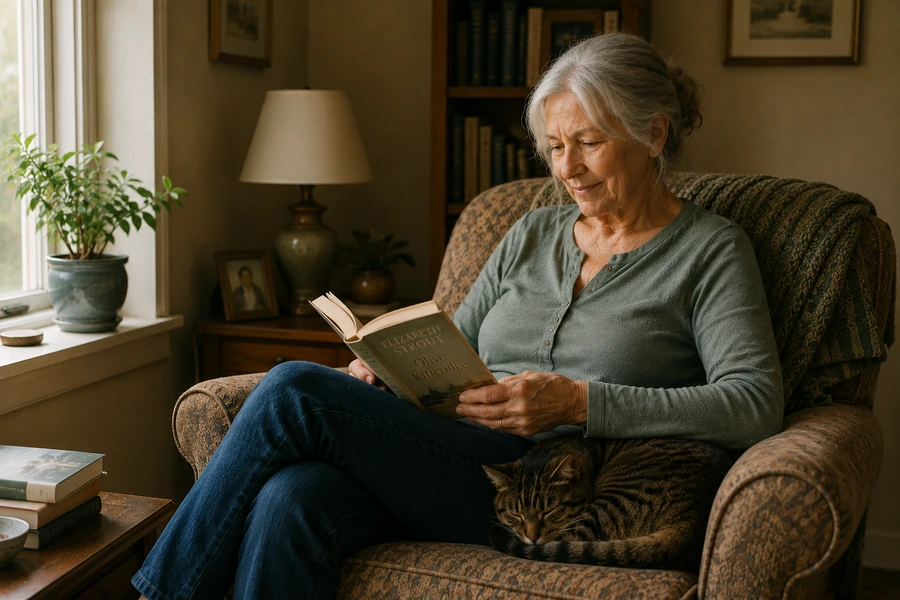 Older woman reading a book in a well-worn armchair with a tabby cat curled up beside her