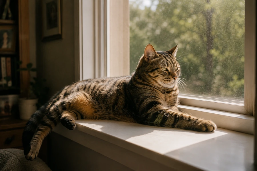 A tabby cat stretched out on a sunny windowsill looking out at the garden