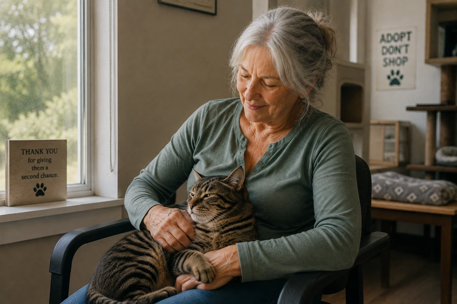 Older woman sitting with a relaxed tabby cat in her lap in an animal shelter meeting room