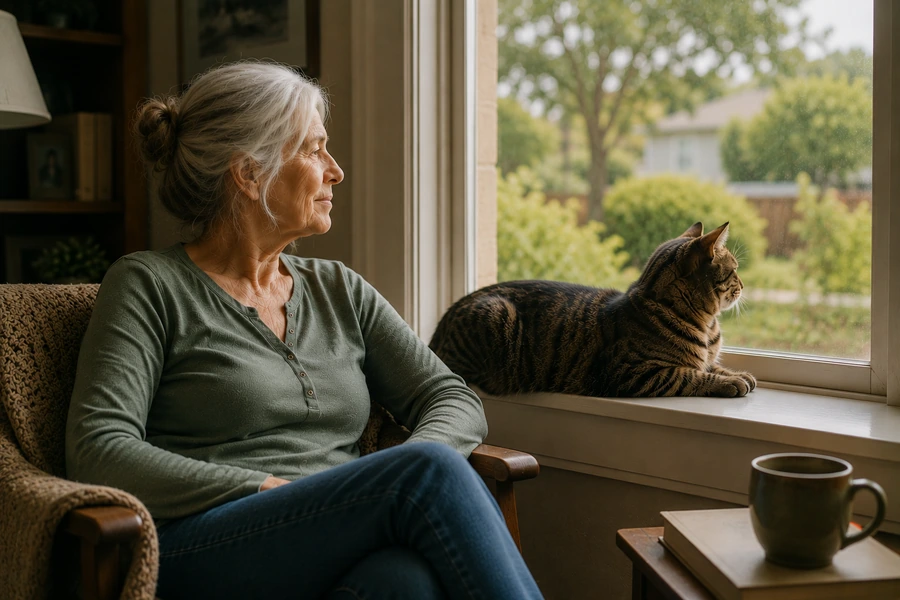 Older woman and her tabby cat sitting together by a window, both looking out at the garden